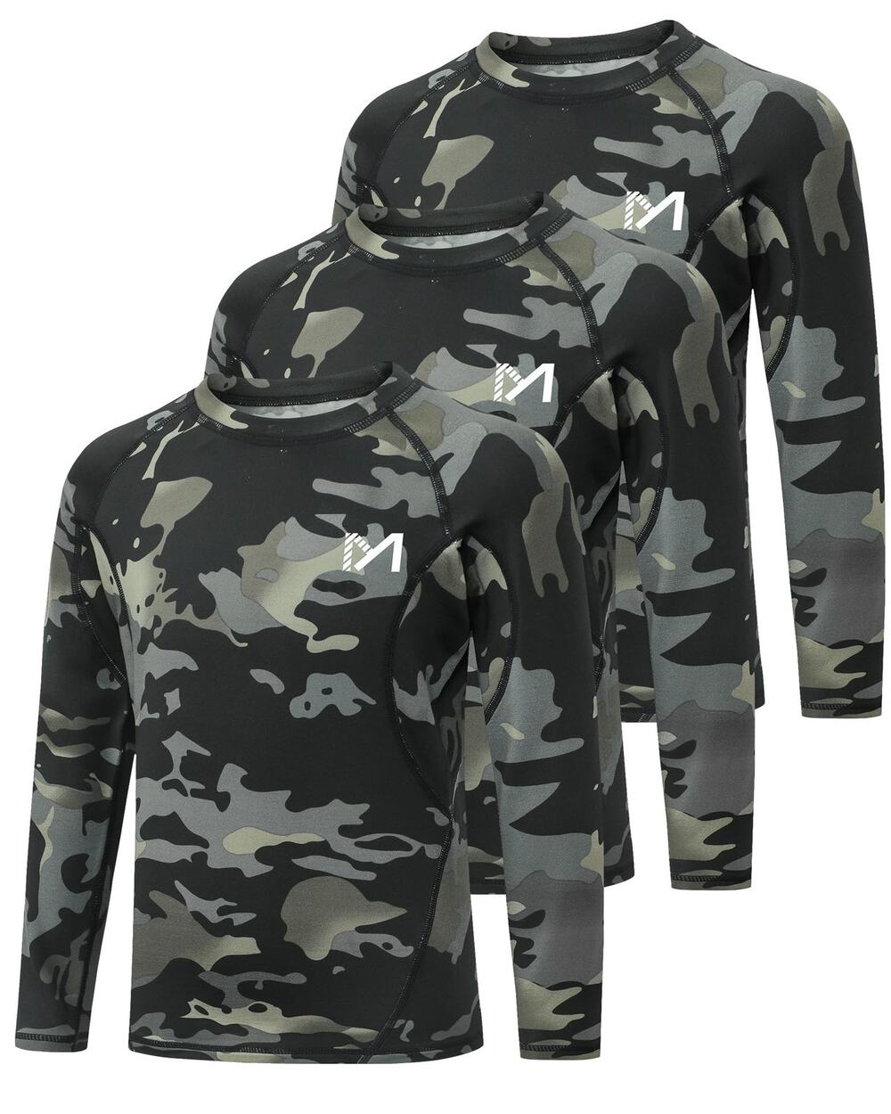 Boys Sz L Camo Athletic Long Sleeve Shirt L Quick Dry Compression 3 Pack
